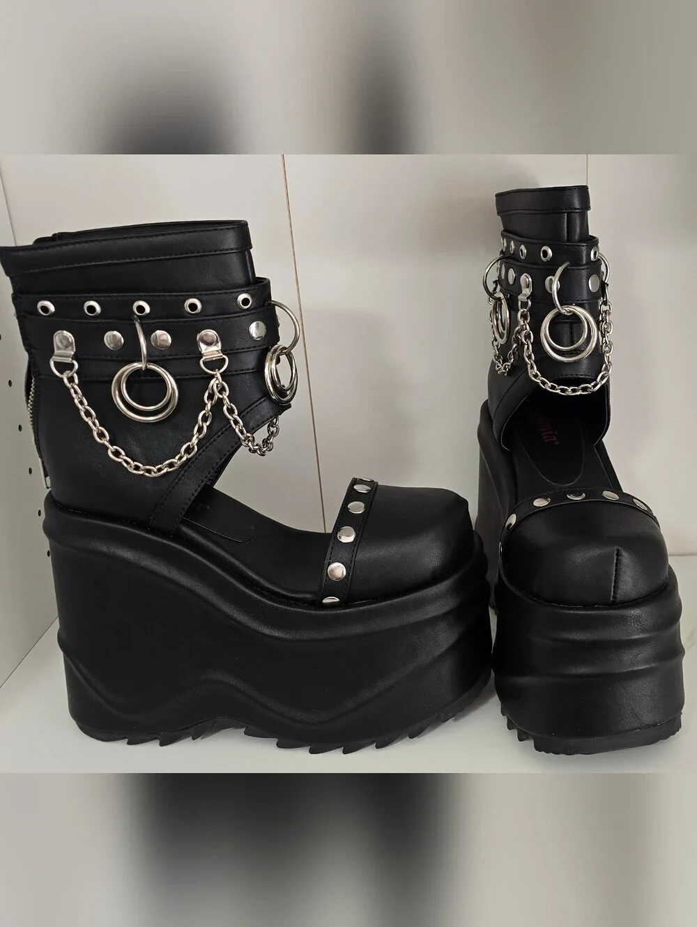 Demonia Black Chunky Platform Ankle Boots with Chains
